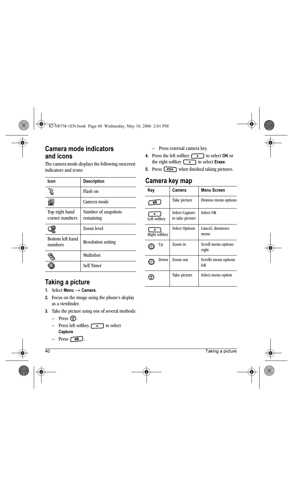 Camera mode indicators and icons, Taking a picture, Camera key map | Kyocera Strobe K612b User Manual | Page 48 / 80