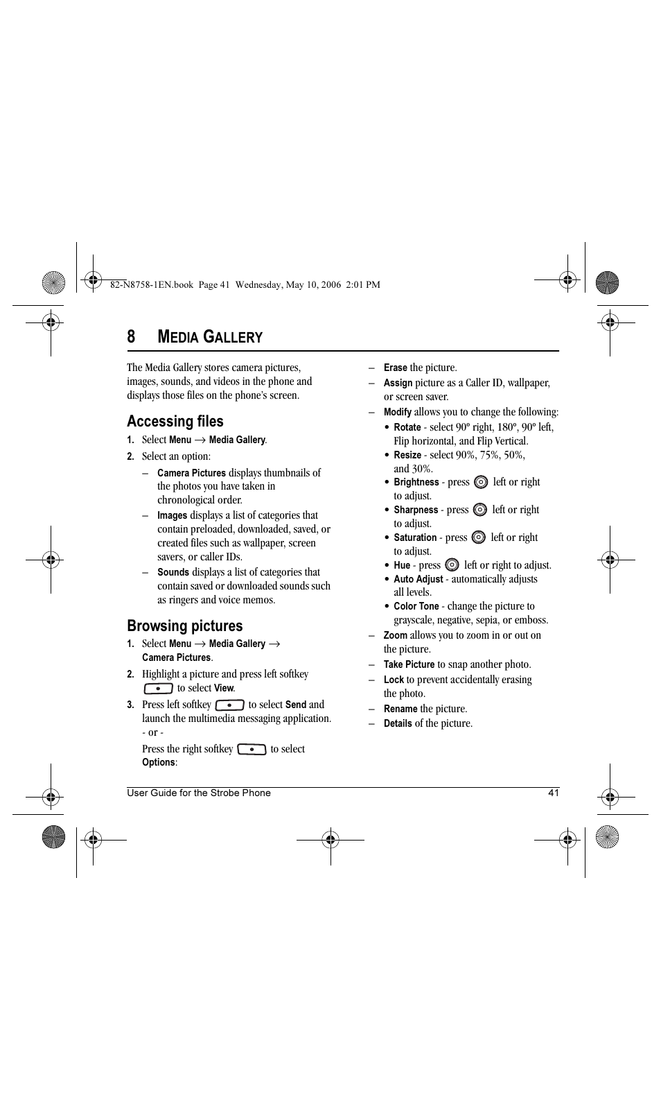 Accessing files, Browsing pictures, Edia | Allery | Kyocera Strobe K612b User Manual | Page 49 / 80