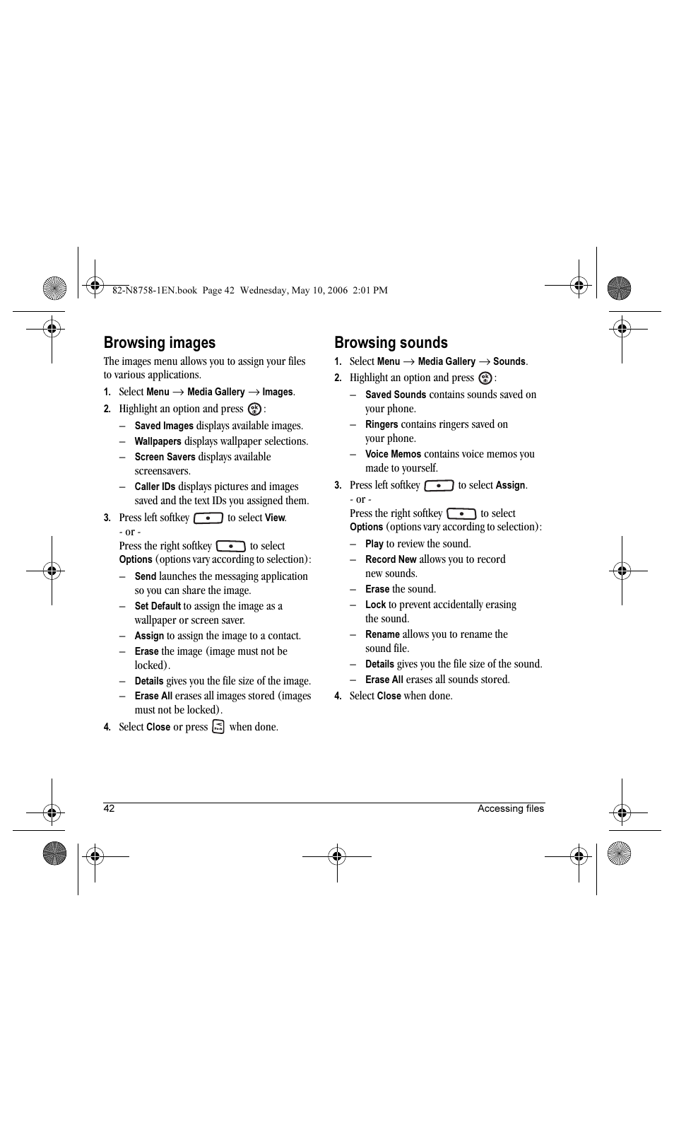 Browsing images, Browsing sounds | Kyocera Strobe K612b User Manual | Page 50 / 80