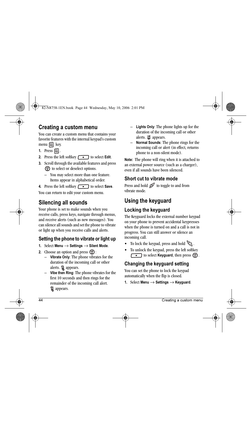 Creating a custom menu, Silencing all sounds, Using the keyguard | Kyocera Strobe K612b User Manual | Page 52 / 80