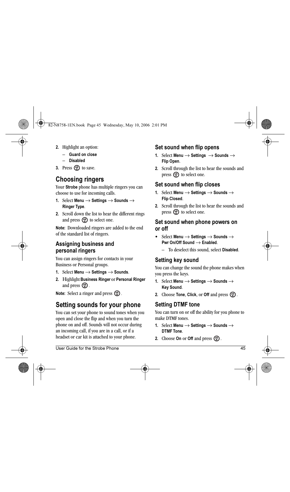 Choosing ringers, Setting sounds for your phone, Assigning business and personal ringers | Set sound when flip opens, Set sound when flip closes, Set sound when phone powers on or off, Setting key sound, Setting dtmf tone | Kyocera Strobe K612b User Manual | Page 53 / 80