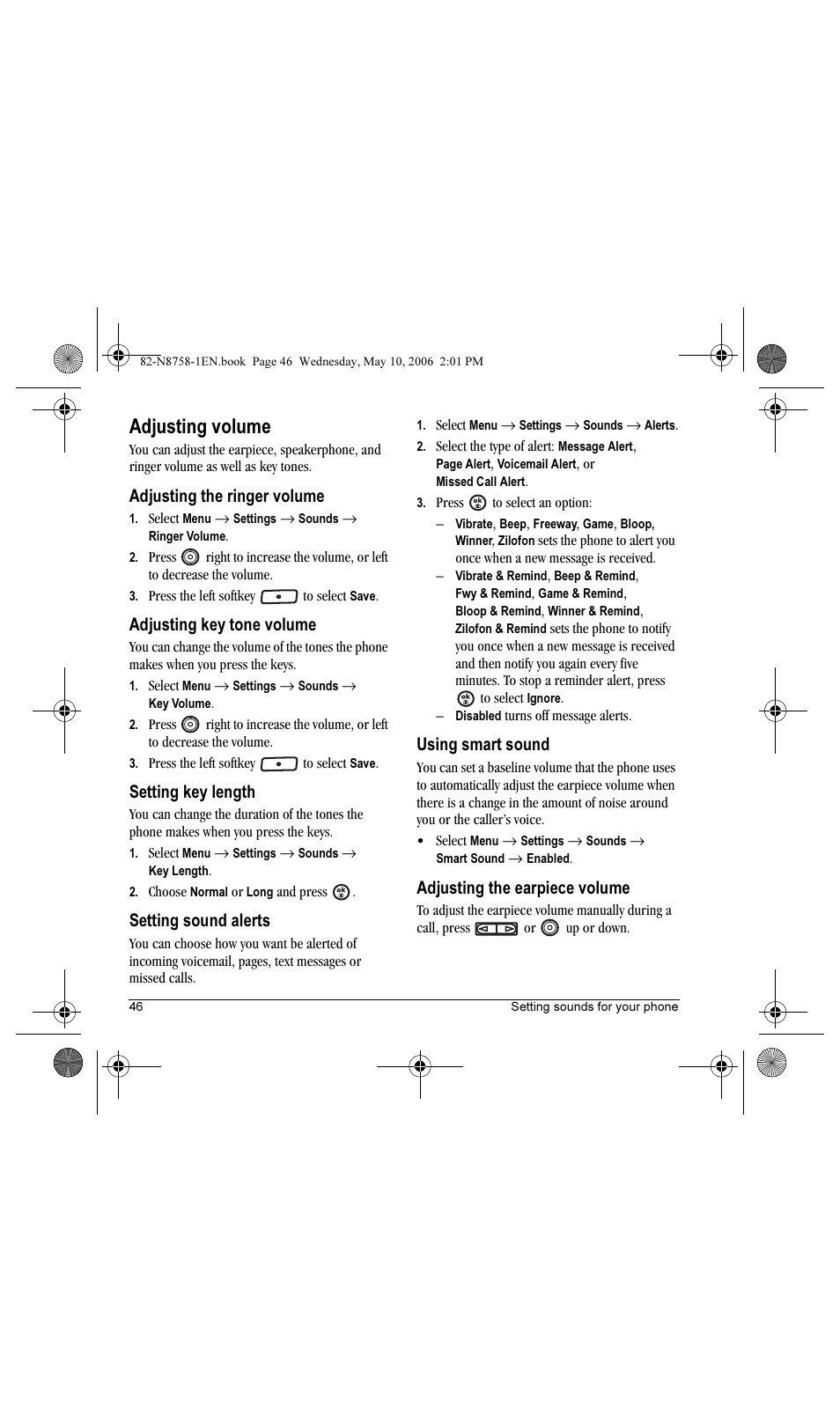 Adjusting volume, Adjusting the ringer volume, Adjusting key tone volume | Setting key length, Setting sound alerts, Using smart sound, Adjusting the earpiece volume | Kyocera Strobe K612b User Manual | Page 54 / 80