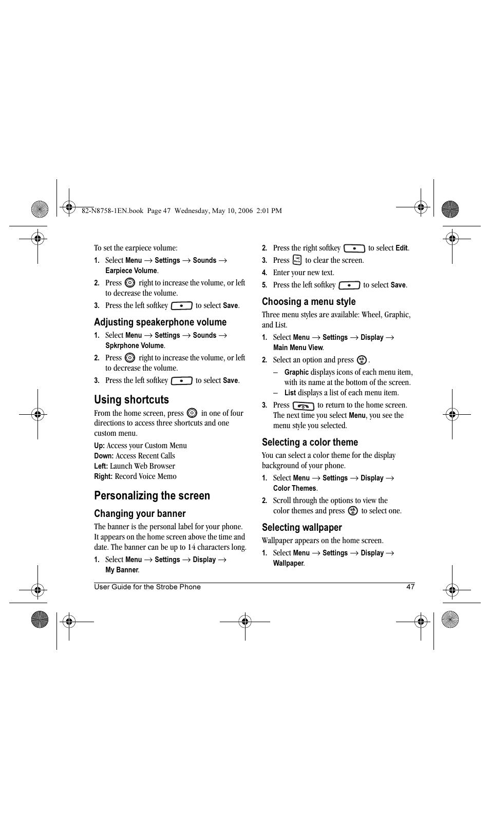Using shortcuts, Personalizing the screen, Adjusting speakerphone volume | Changing your banner, Choosing a menu style, Selecting a color theme, Selecting wallpaper | Kyocera Strobe K612b User Manual | Page 55 / 80