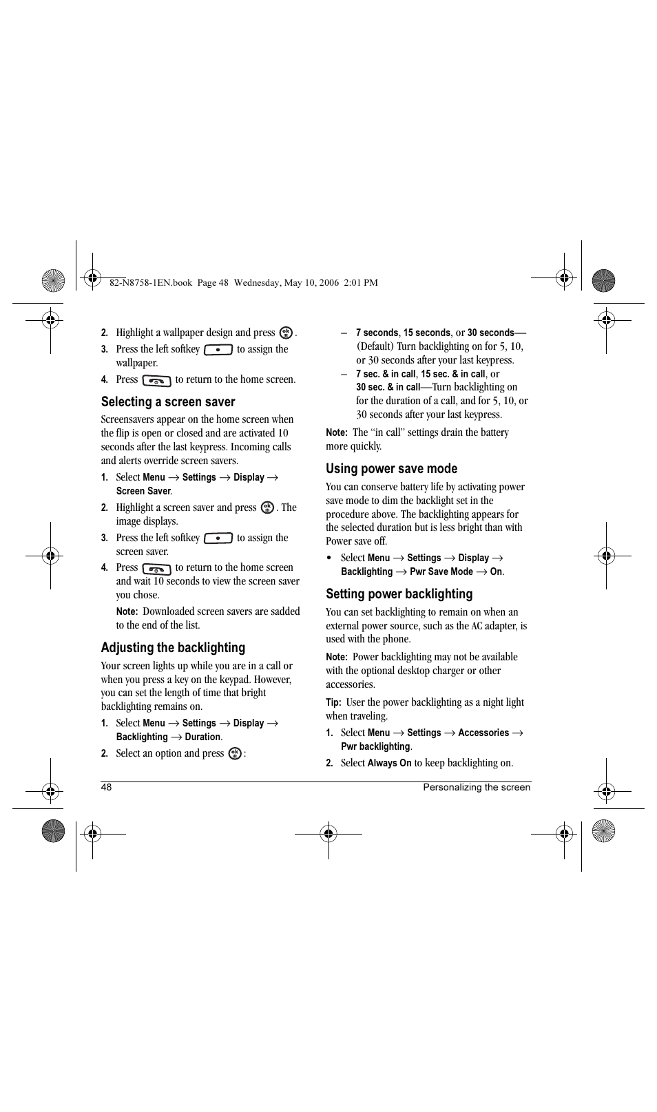 Selecting a screen saver, Adjusting the backlighting, Using power save mode | Setting power backlighting | Kyocera Strobe K612b User Manual | Page 56 / 80