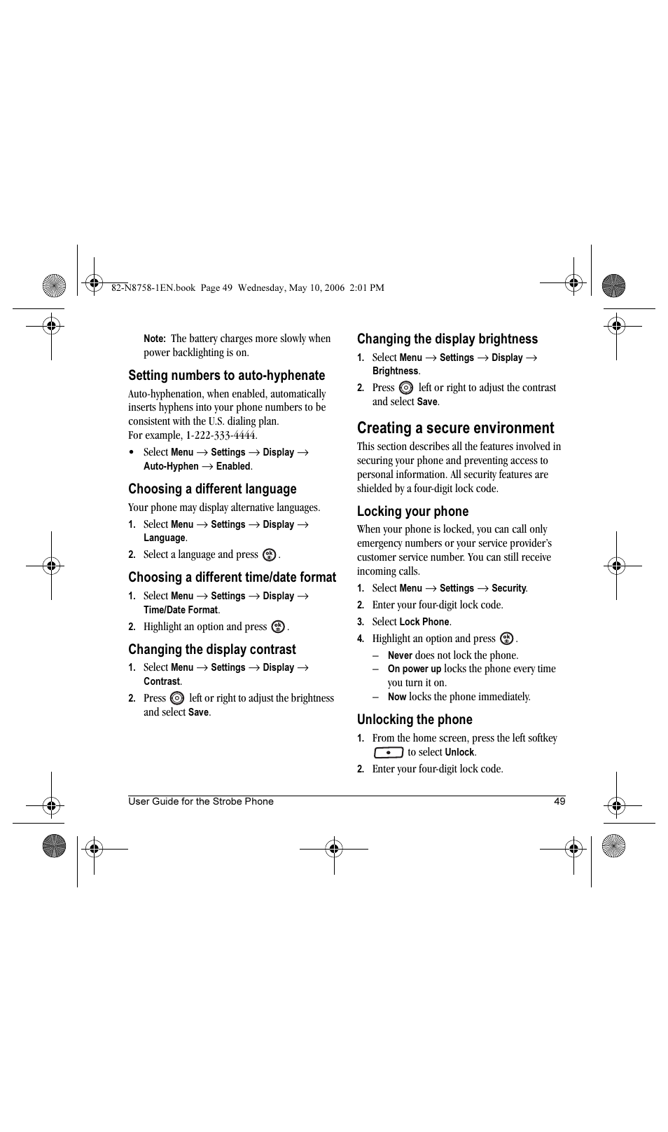 Creating a secure environment, Setting numbers to auto-hyphenate, Choosing a different language | Choosing a different time/date format, Changing the display contrast, Changing the display brightness, Locking your phone, Unlocking the phone | Kyocera Strobe K612b User Manual | Page 57 / 80