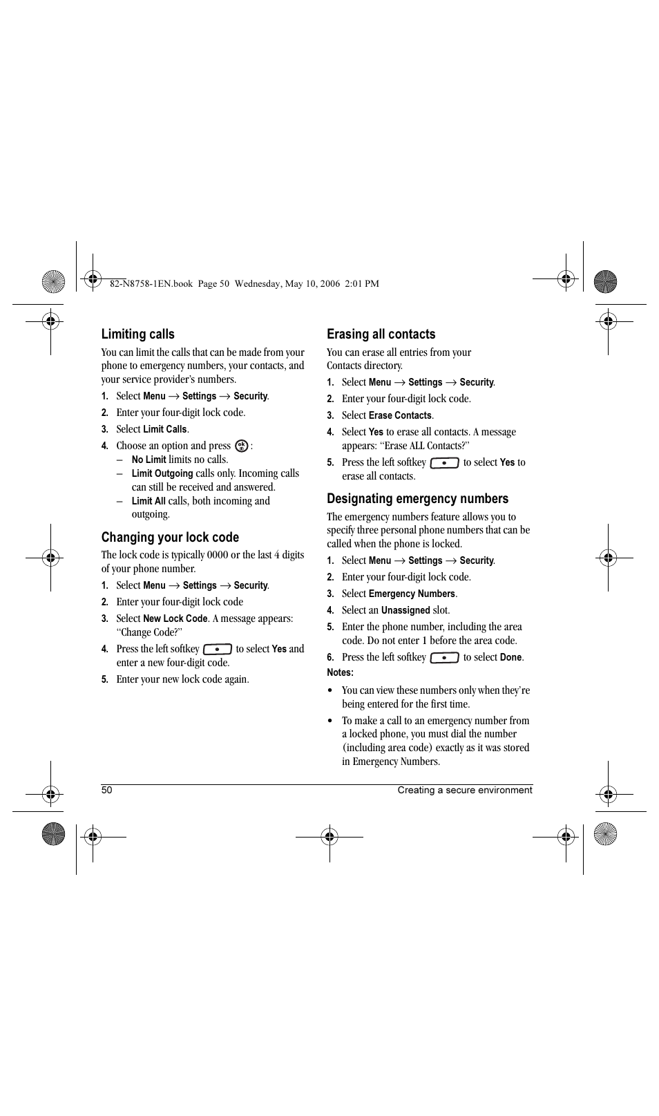Limiting calls, Changing your lock code, Erasing all contacts | Designating emergency numbers | Kyocera Strobe K612b User Manual | Page 58 / 80