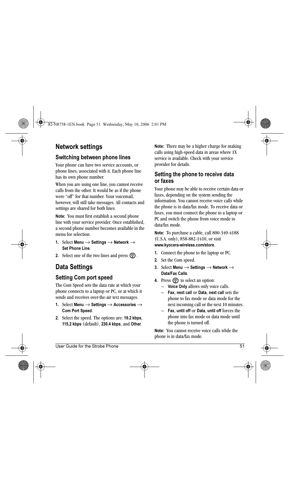 Network settings, Data settings, Switching between phone lines | Setting com port speed, Setting the phone to receive data or faxes | Kyocera Strobe K612b User Manual | Page 59 / 80