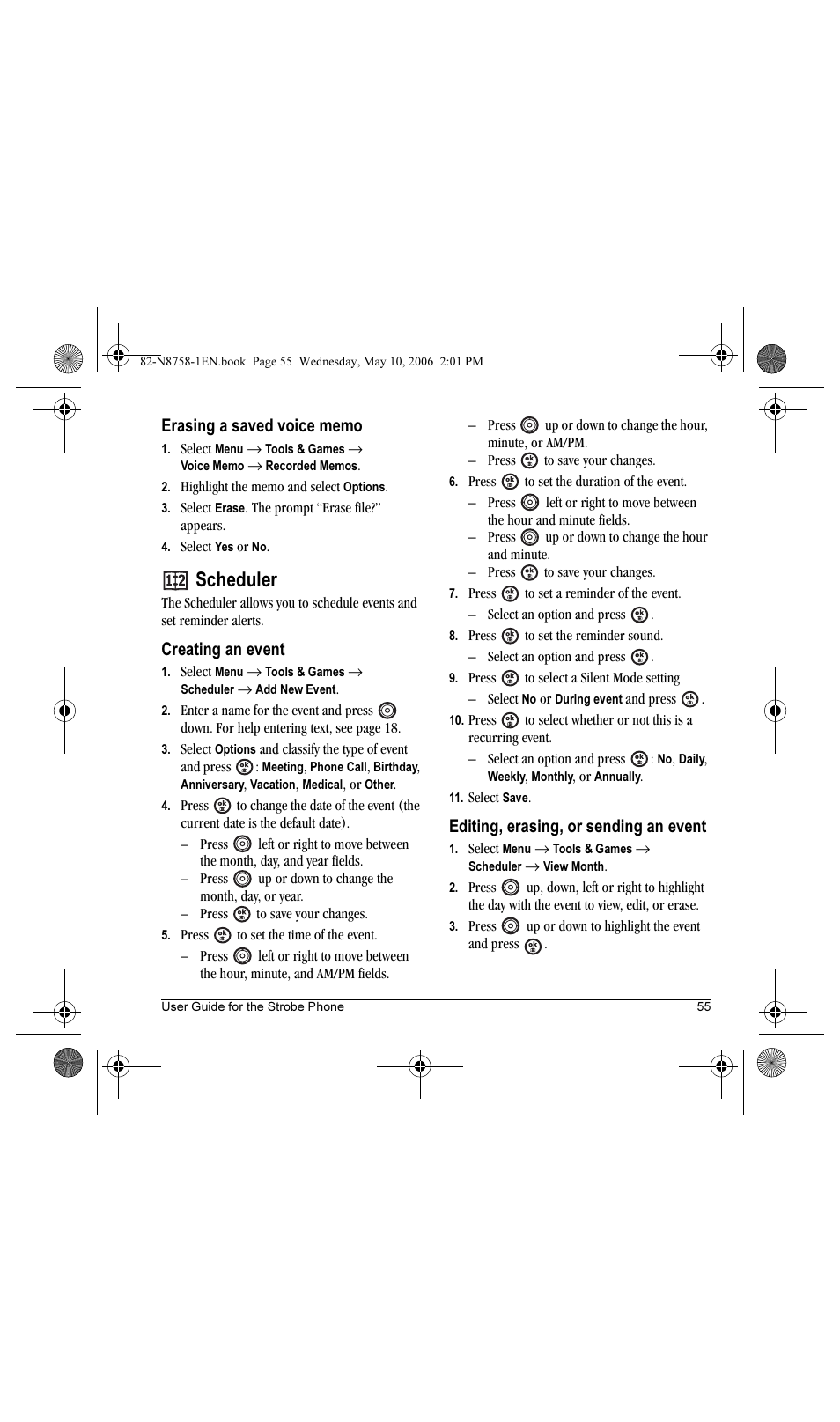 Scheduler, Creating an event, Editing, erasing, or sending an event | Kyocera Strobe K612b User Manual | Page 63 / 80