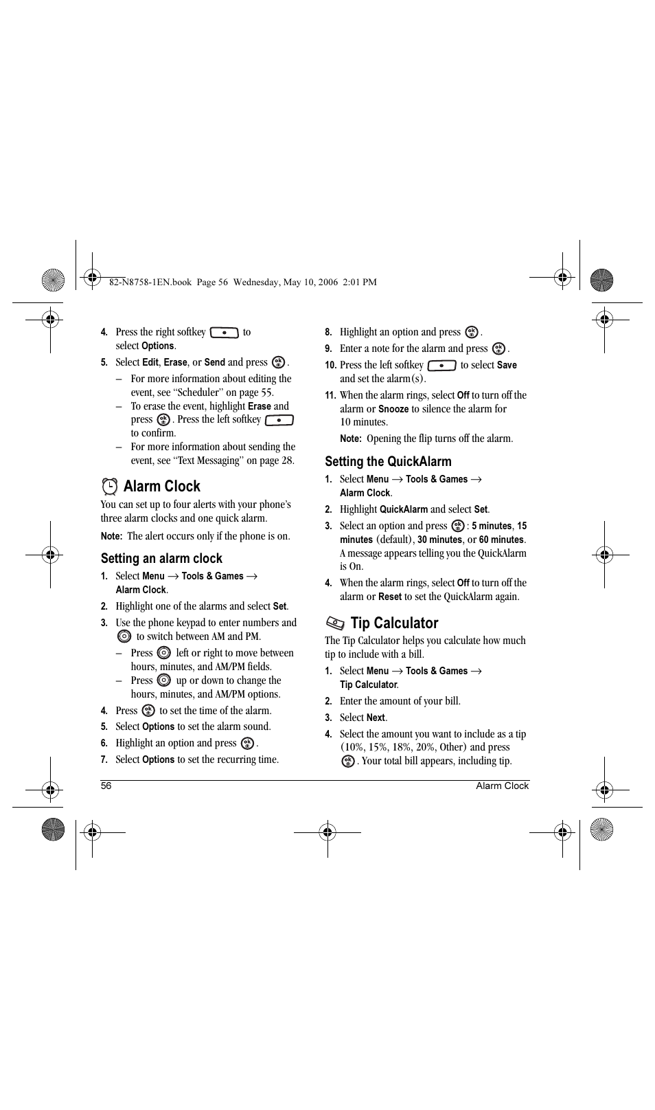 Alarm clock, Tip calculator, Setting an alarm clock | Setting the quickalarm | Kyocera Strobe K612b User Manual | Page 64 / 80