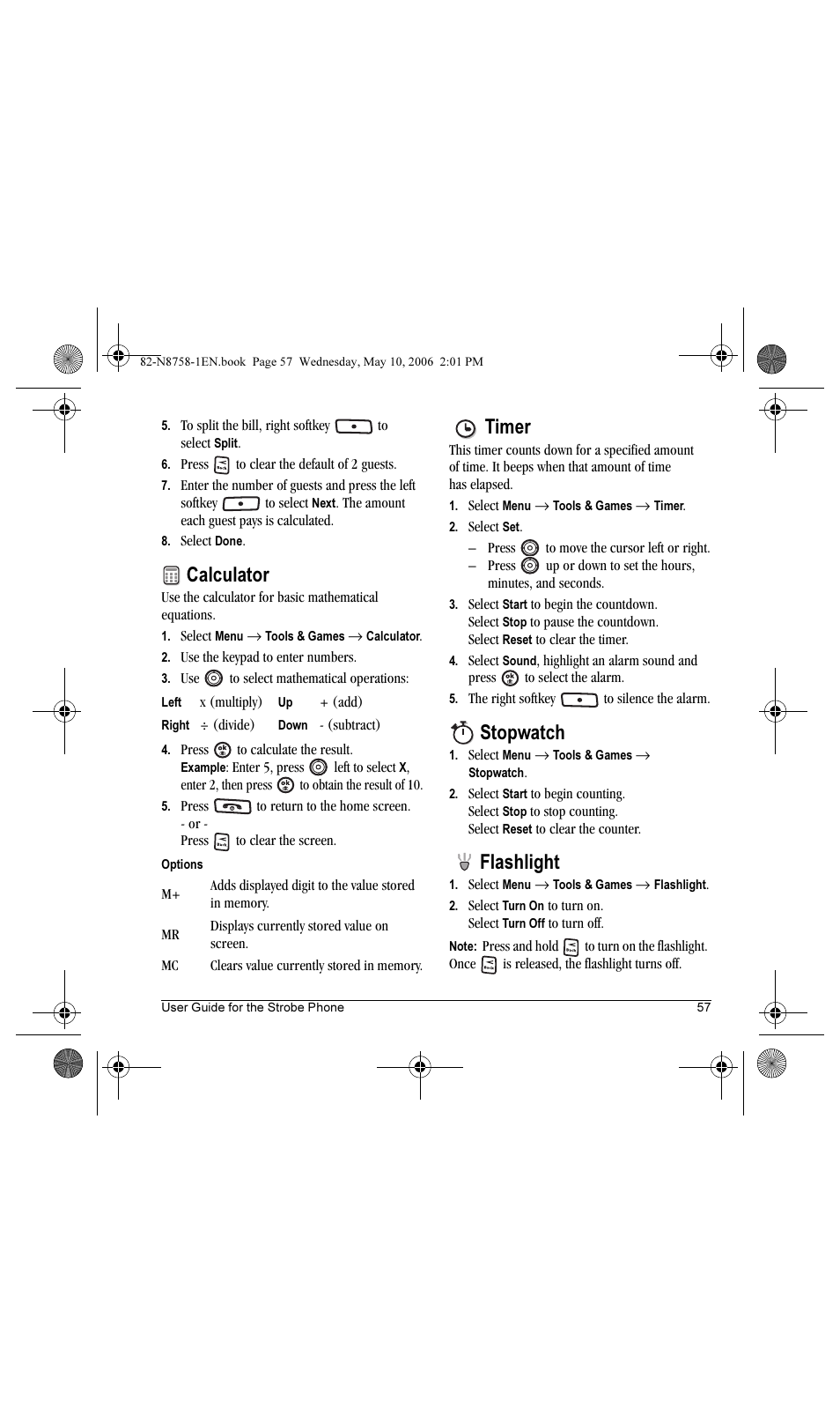 Calculator, Timer, Stopwatch | Flashlight | Kyocera Strobe K612b User Manual | Page 65 / 80