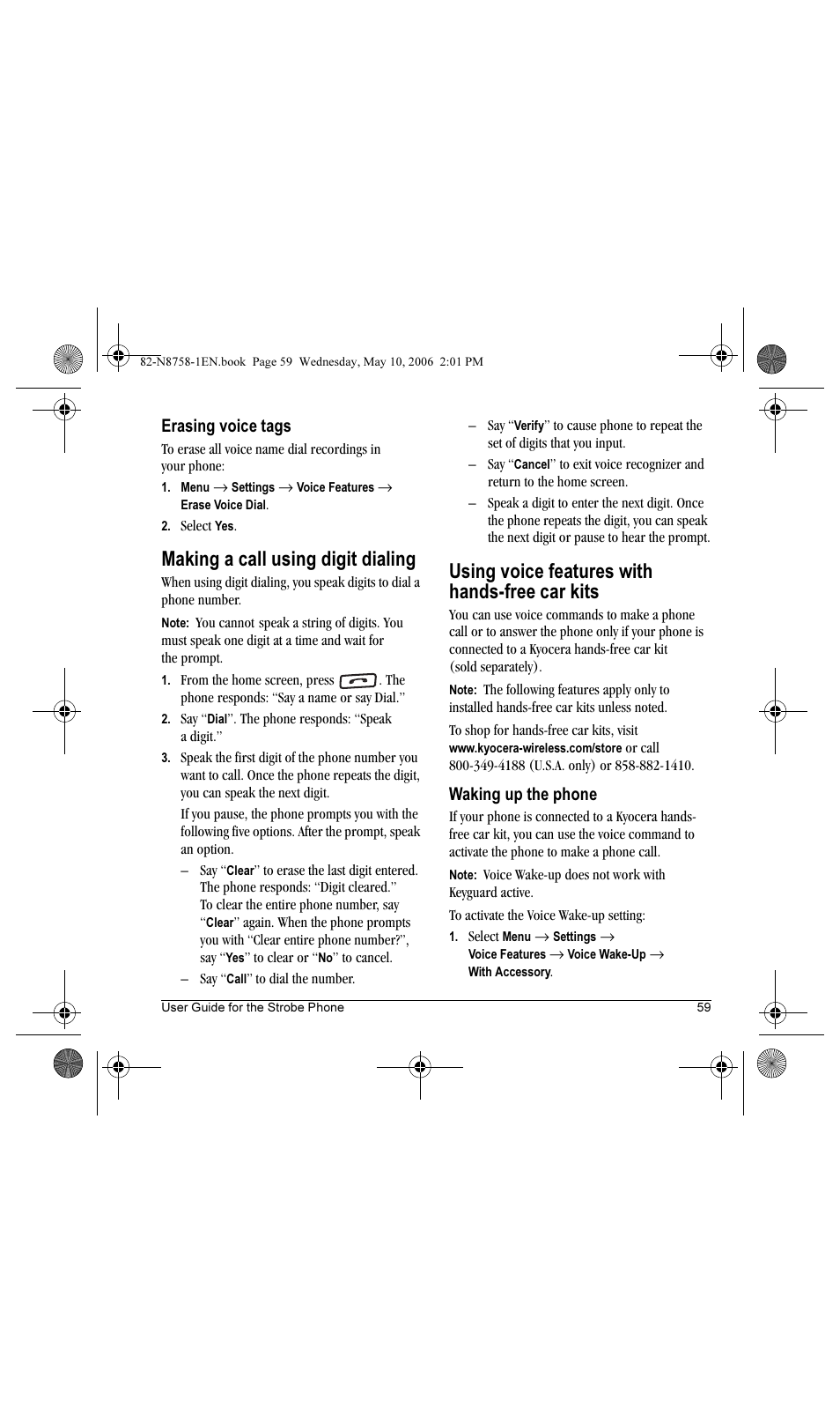 Making a call using digit dialing, Using voice features with hands-free car kits, Erasing voice tags | Waking up the phone | Kyocera Strobe K612b User Manual | Page 67 / 80
