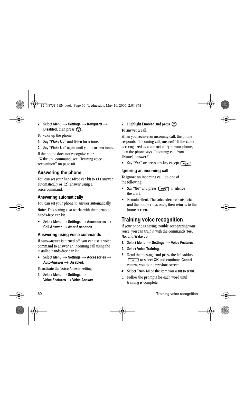 Training voice recognition, Answering the phone | Kyocera Strobe K612b User Manual | Page 68 / 80