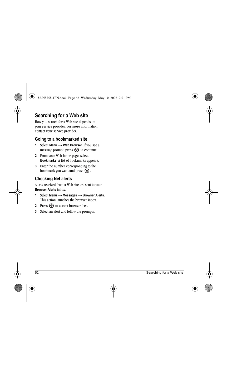 Searching for a web site, Going to a bookmarked site, Checking net alerts | Kyocera Strobe K612b User Manual | Page 70 / 80