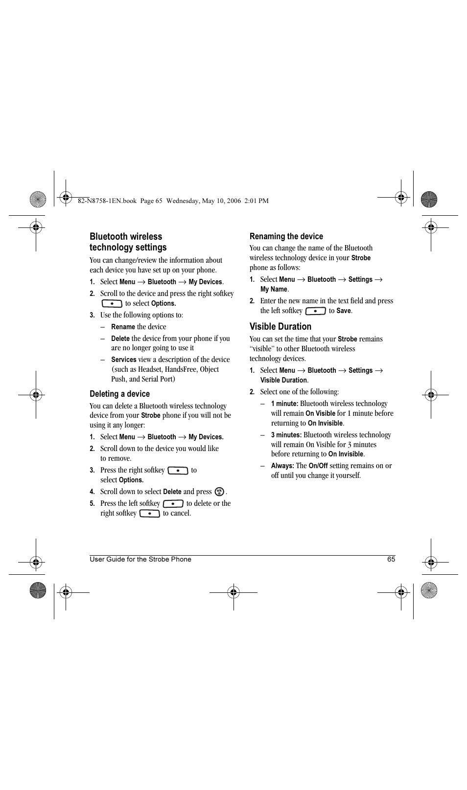 Bluetooth wireless technology settings, Visible duration | Kyocera Strobe K612b User Manual | Page 73 / 80