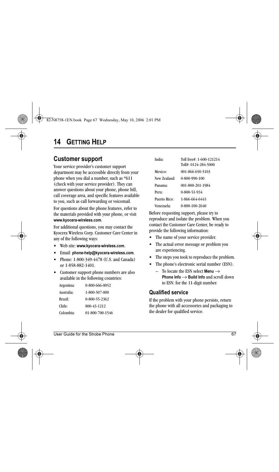 14 g, Customer support, Etting | Qualified service | Kyocera Strobe K612b User Manual | Page 75 / 80