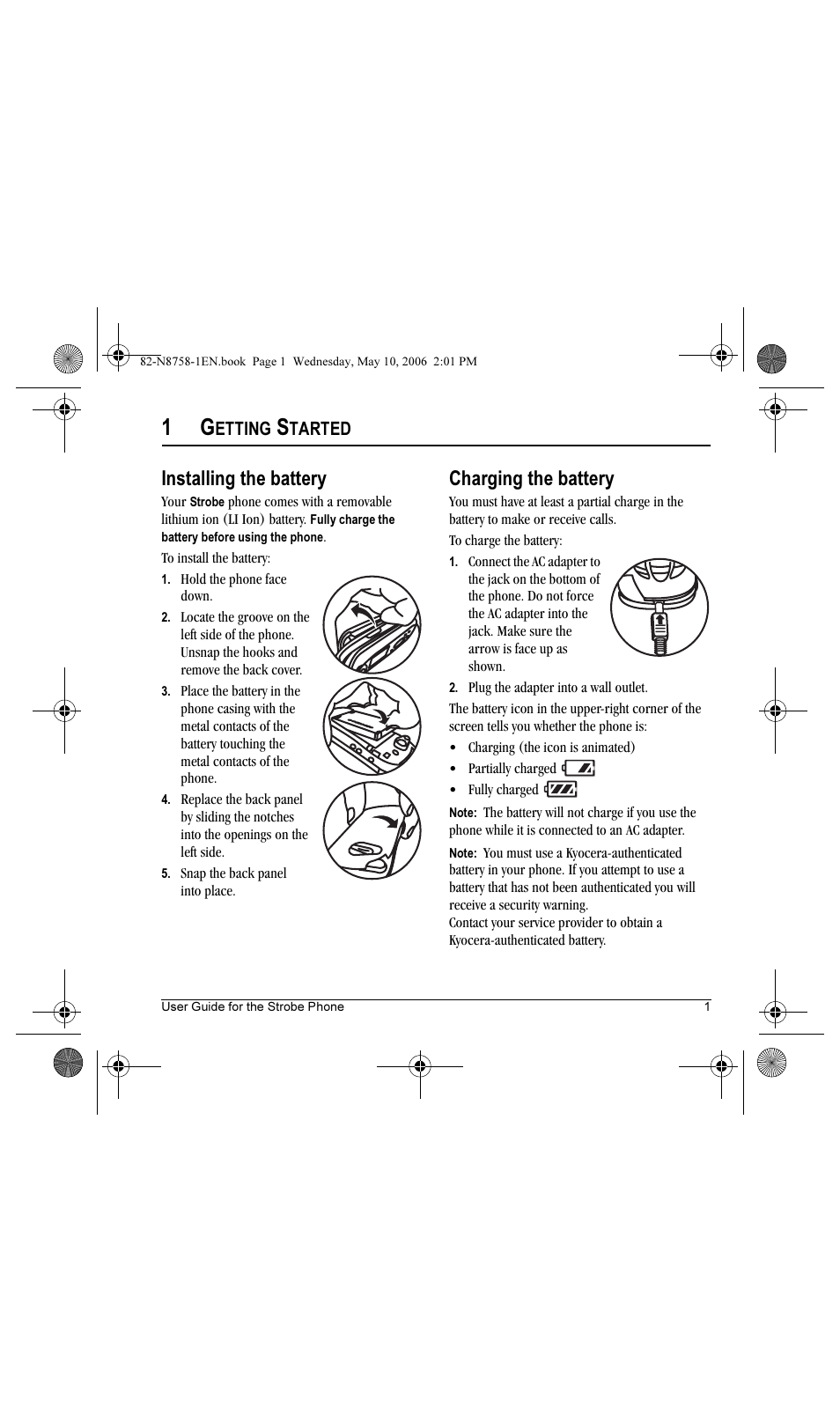 Installing the battery, Charging the battery, Etting | Tarted | Kyocera Strobe K612b User Manual | Page 9 / 80