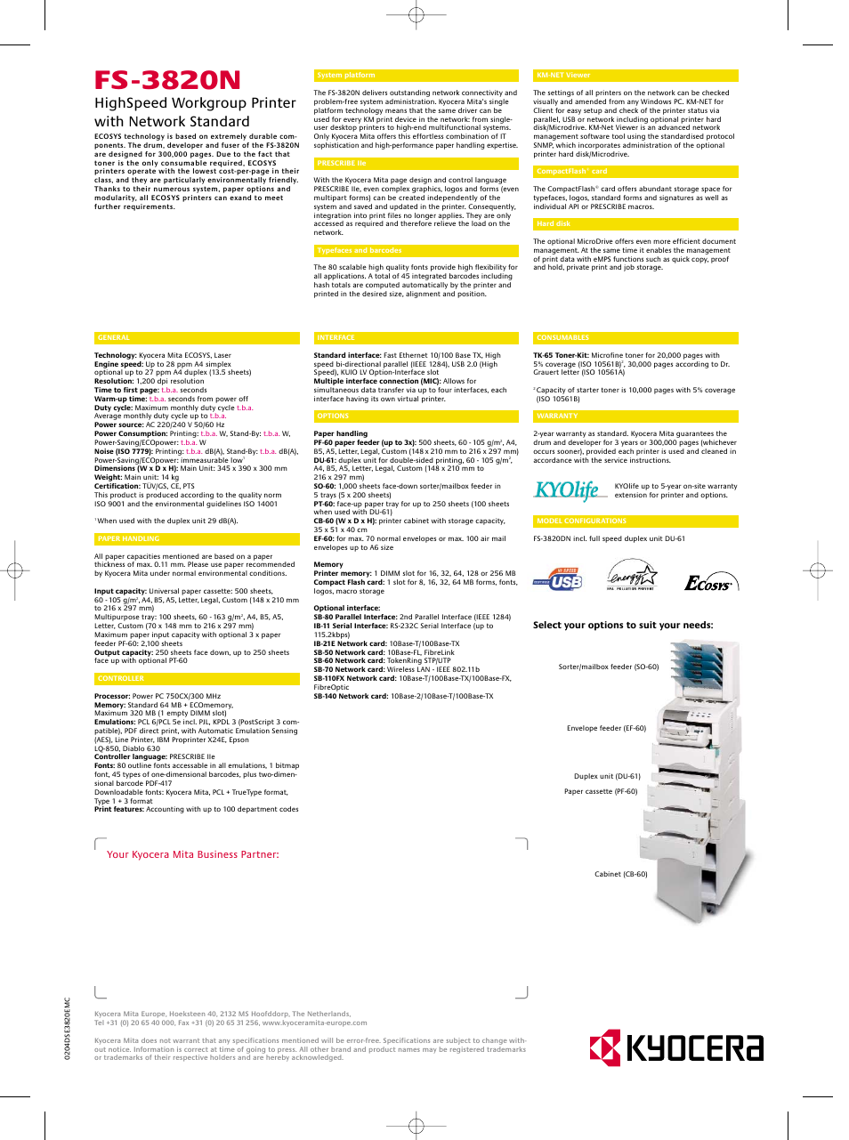 Fs -3820n, Highspeed workgroup printer with network standard | Kyocera FS-3820N User Manual | Page 2 / 2