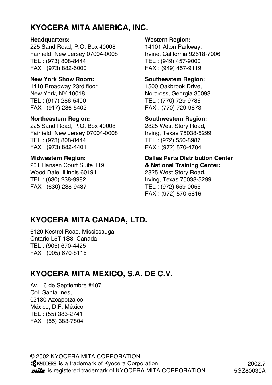 Kyocera mita america, inc, Kyocera mita canada, ltd, Kyocera mita mexico, s.a. de c.v | Kyocera KM-C3130 User Manual | Page 75 / 75