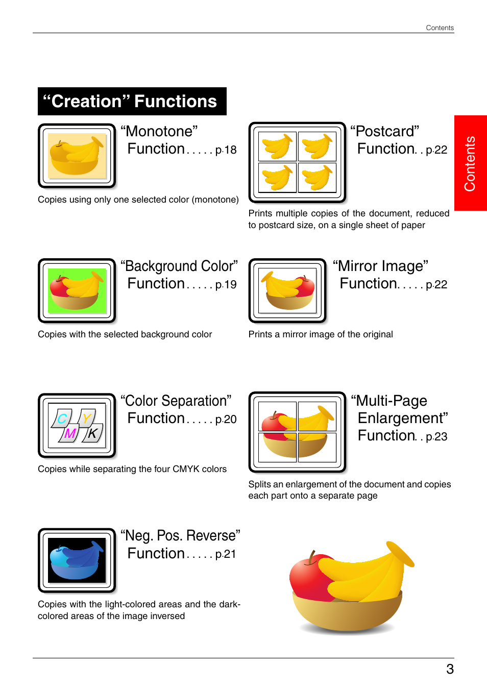 Creation” functions, Monotone” function, Color separation” function | Neg. pos. reverse” function, 3contents | Kyocera KM-C3130 User Manual | Page 8 / 75