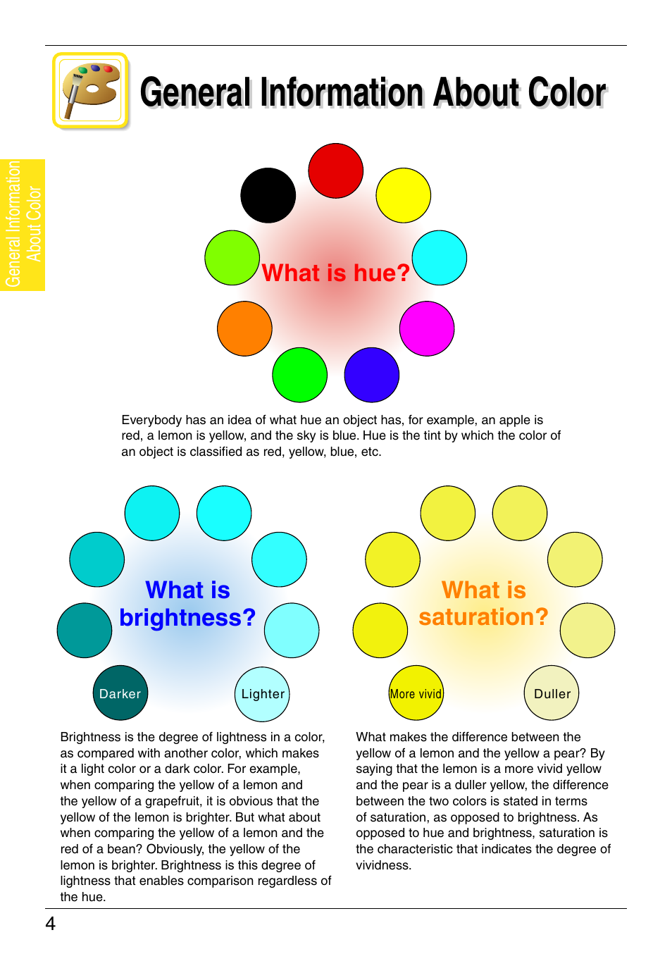 General information about color, What is saturation? what is hue, What is brightness | Kyocera KM-C3130 User Manual | Page 9 / 75