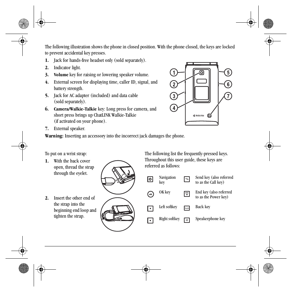 Putting on wrist strap, Common keys | Kyocera Mako S4000 User Manual | Page 12 / 80