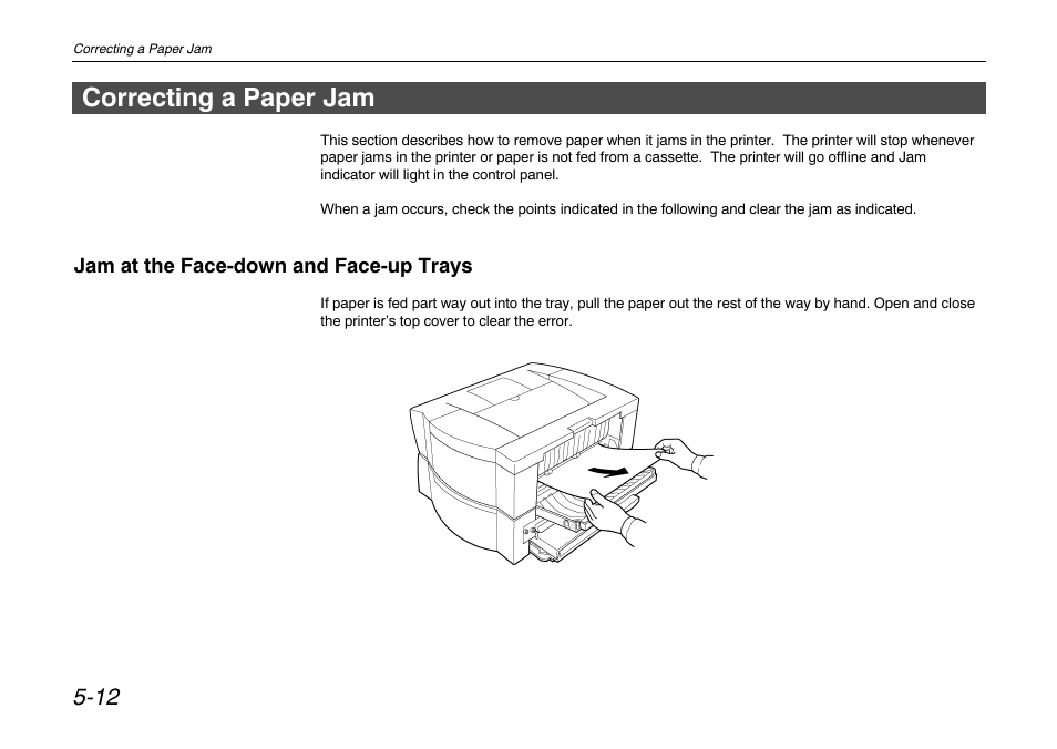 Correcting a paper jam, Jam at the face-down and face-up trays, Correcting a paper jam -12 | Kyocera FS-680 User Manual | Page 100 / 141