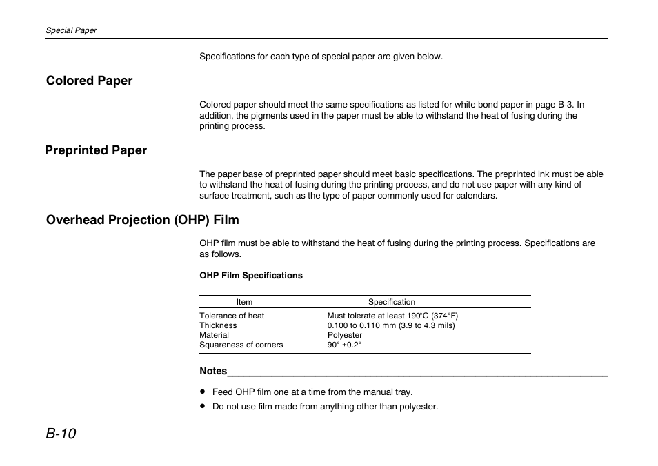 Colored paper, Preprinted paper, Overhead projection (ohp) film | B-10 | Kyocera FS-680 User Manual | Page 116 / 141