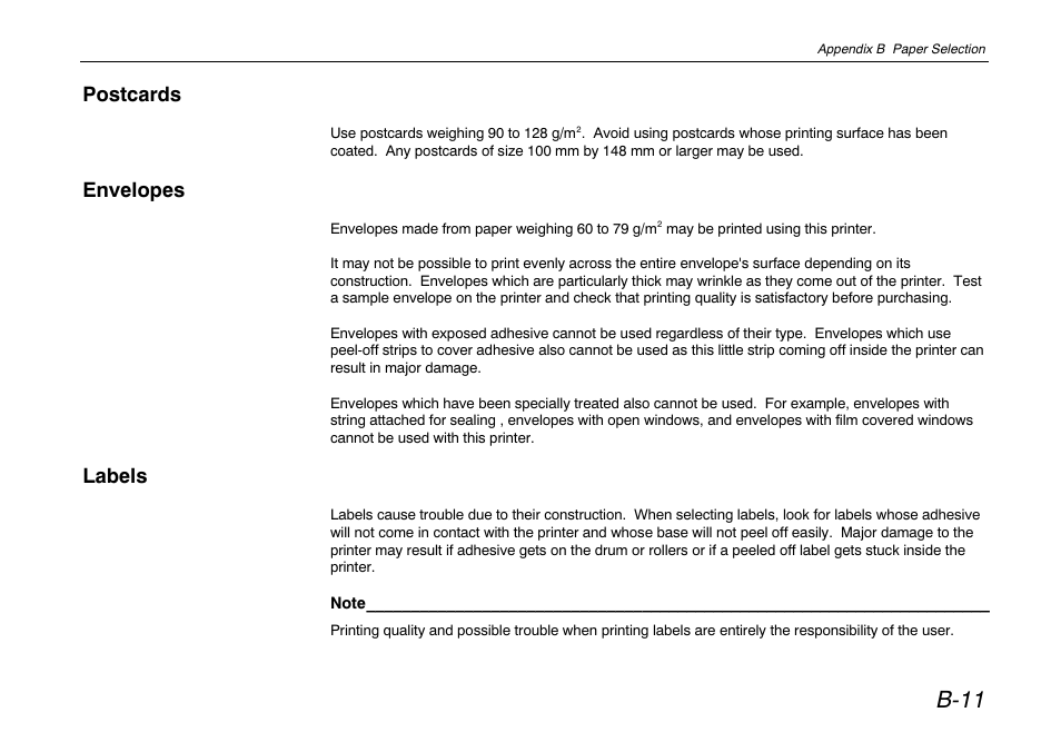 Postcards, Envelopes, Labels | B-11 | Kyocera FS-680 User Manual | Page 117 / 141