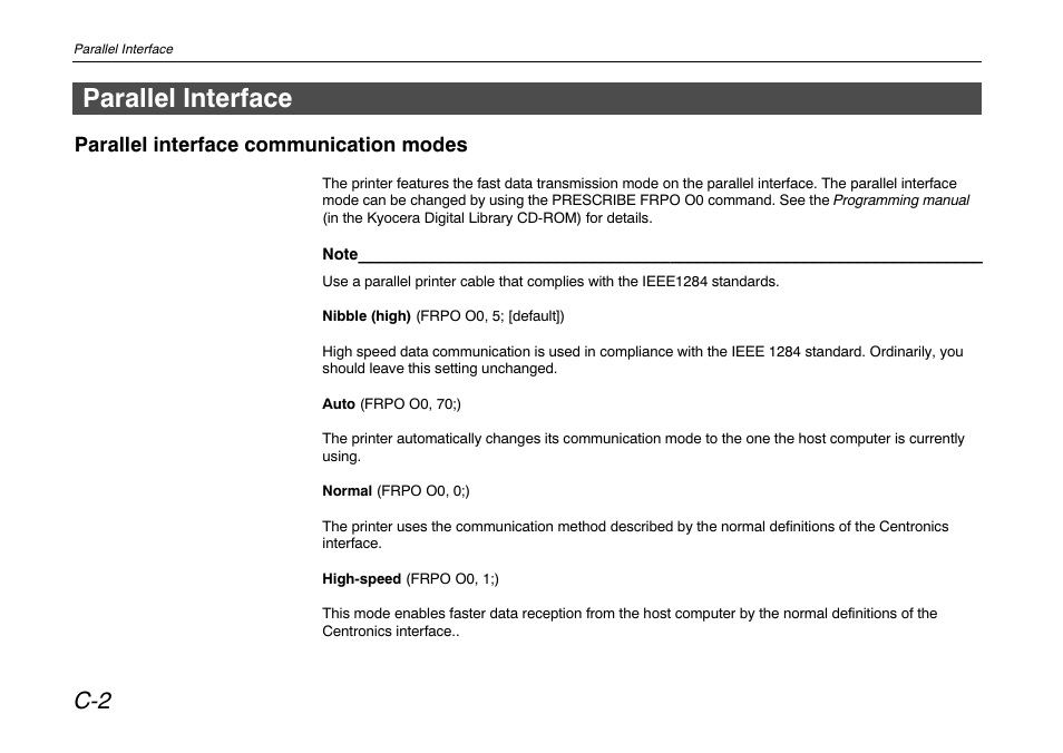 Parallel interface, Parallel interface communication modes | Kyocera FS-680 User Manual | Page 119 / 141