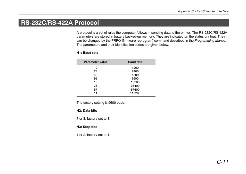 Rs-232c/rs-422a protocol, C-11 | Kyocera FS-680 User Manual | Page 128 / 141