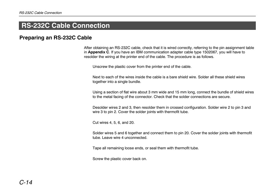 Rs-232c cable connection, Preparing an rs-232c cable, C-14 | Kyocera FS-680 User Manual | Page 131 / 141