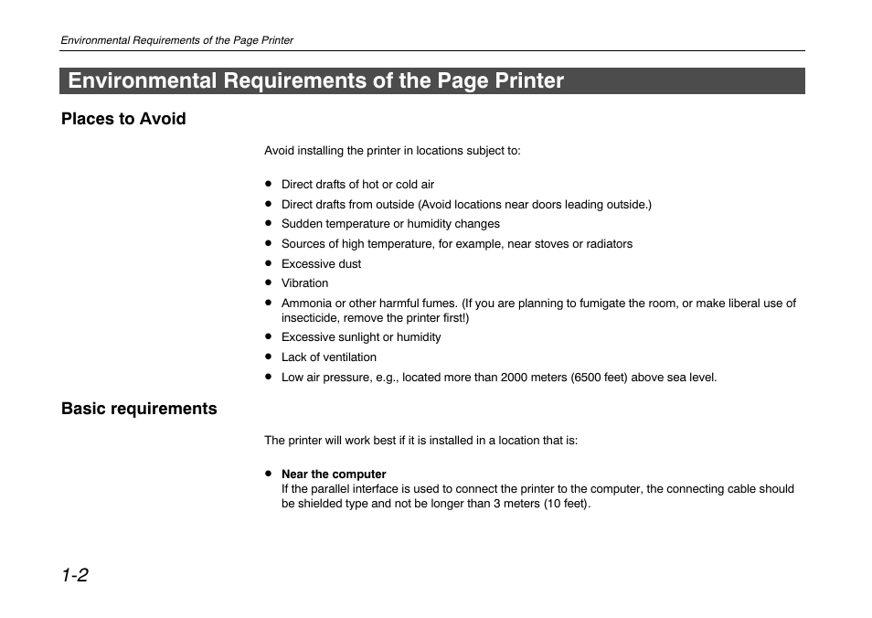 Environmental requirements of the page printer | Kyocera FS-680 User Manual | Page 21 / 141