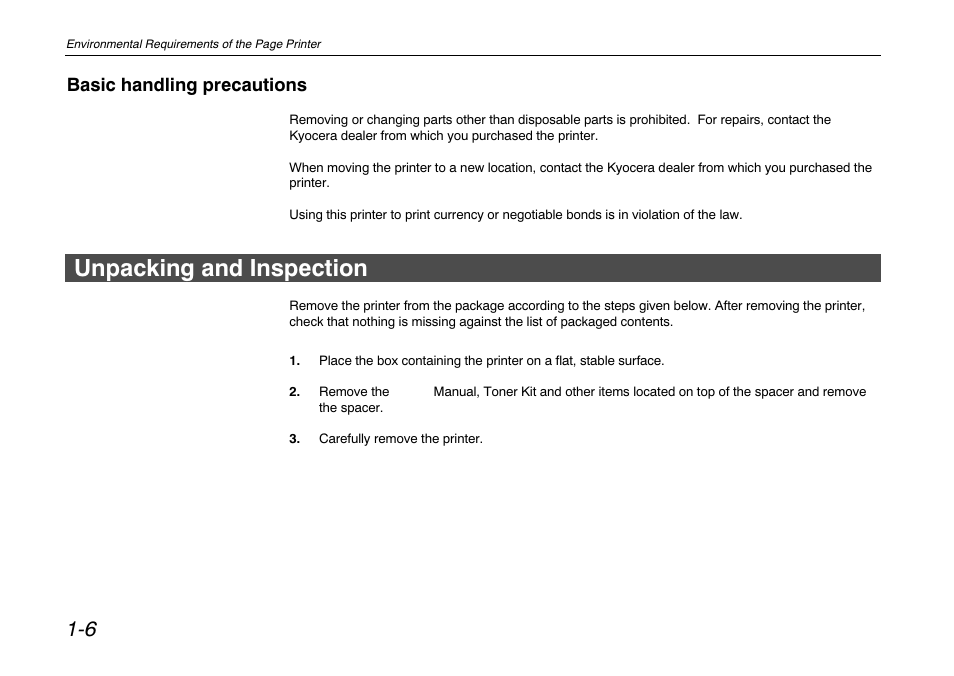 Unpacking and inspection, Unpacking and inspection -6, Basic handling precautions | Kyocera FS-680 User Manual | Page 25 / 141