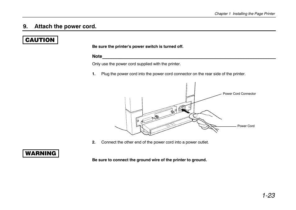 Attach the power cord, Attach the power cord. caution, Warning | Kyocera FS-680 User Manual | Page 42 / 141