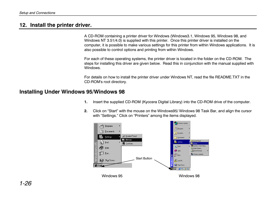 Install the printer driver, Installing under windows 95/windows 98 | Kyocera FS-680 User Manual | Page 45 / 141