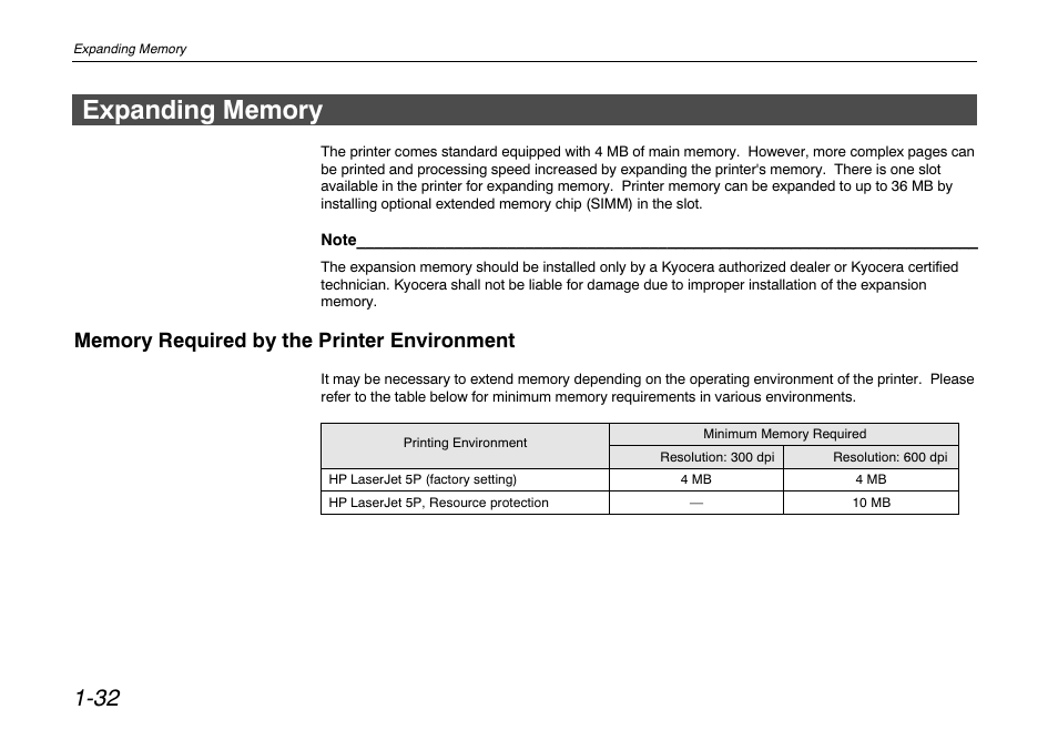 Expanding memory, Memory required by the printer environment, Expanding memory -32 | Kyocera FS-680 User Manual | Page 51 / 141