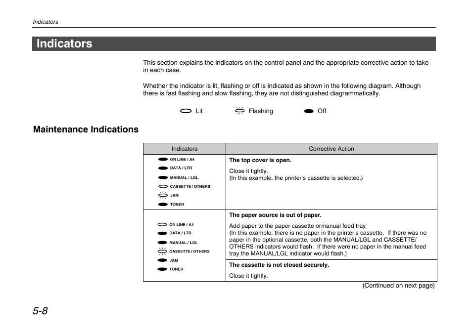 Indicators, Maintenance indications, Indicators -8 | Kyocera FS-680 User Manual | Page 96 / 141