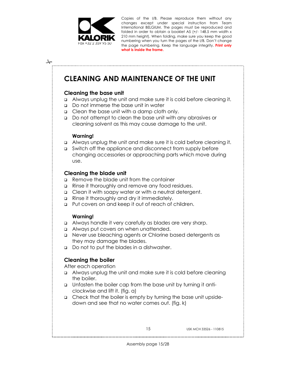 Cleaning and maintenance of the unit | Kalorik USK MCH 33526 User Manual | Page 15 / 28