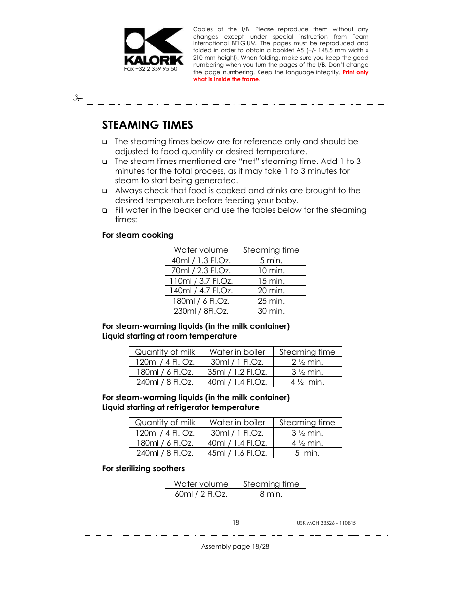 Steaming times | Kalorik USK MCH 33526 User Manual | Page 18 / 28