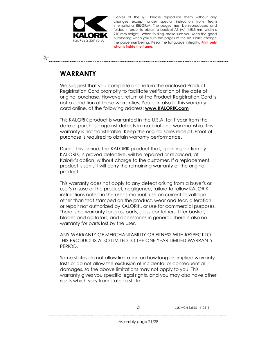 Warranty | Kalorik USK MCH 33526 User Manual | Page 21 / 28