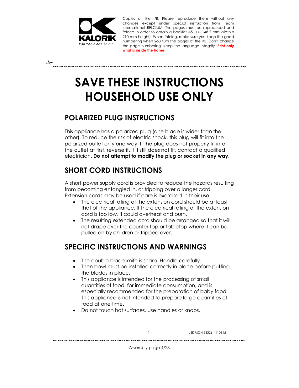 Save these instructions household use only, Polarized plug instructions, Short cord instructions | Specific instructions and warnings | Kalorik USK MCH 33526 User Manual | Page 4 / 28