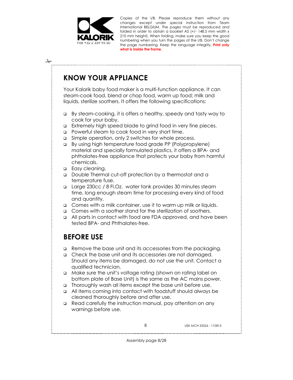 Know your appliance, Before use | Kalorik USK MCH 33526 User Manual | Page 8 / 28
