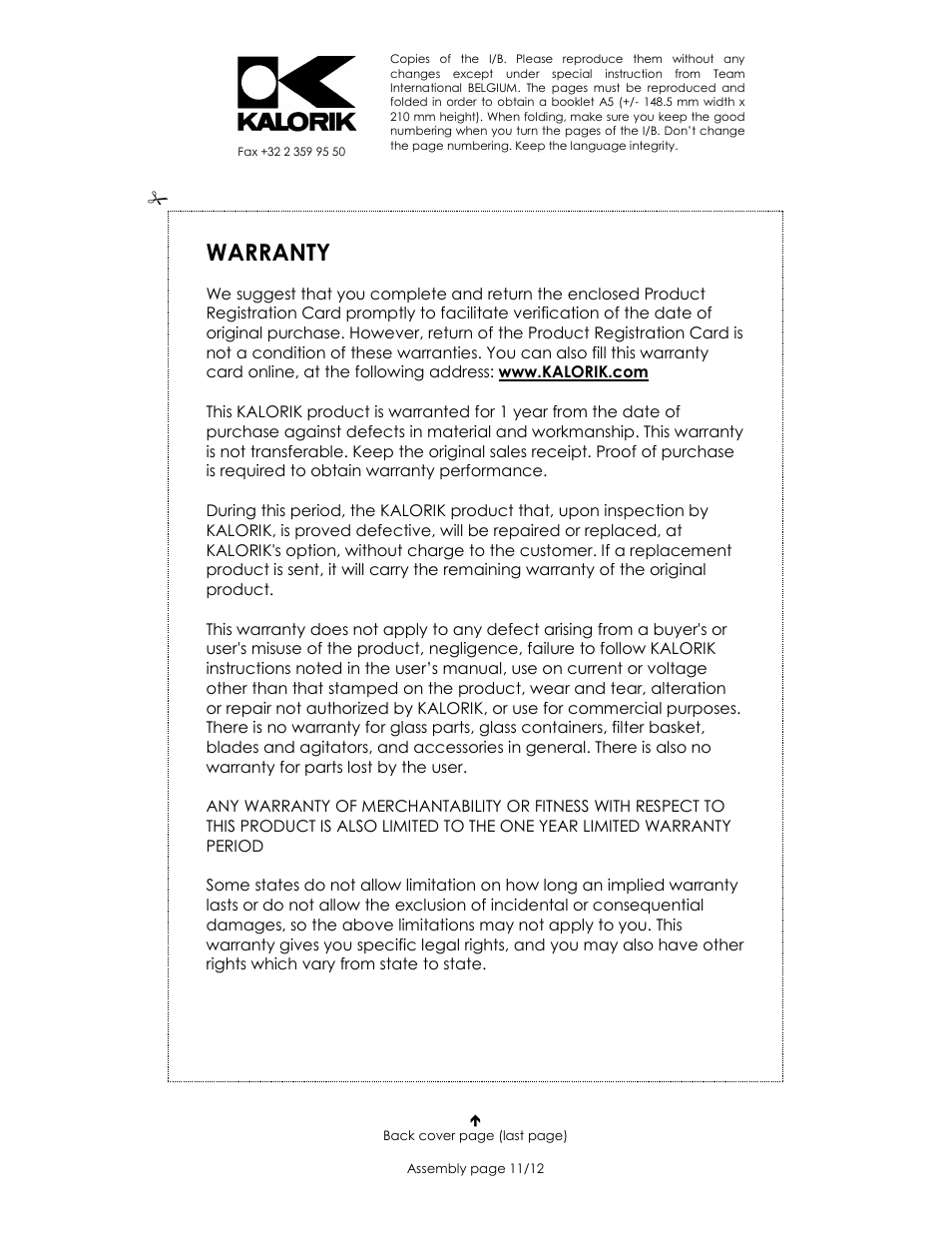 Warranty | Kalorik USK DG 1 User Manual | Page 11 / 12