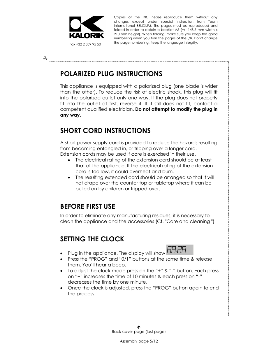 Polarized plug instructions, Short cord instructions, Before first use | Setting the clock | Kalorik USK DG 1 User Manual | Page 5 / 12