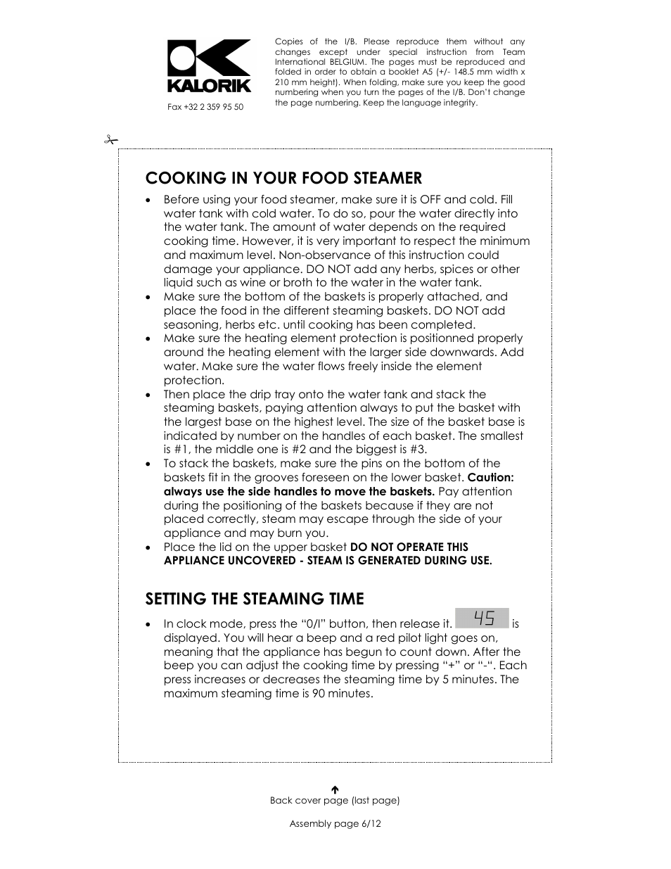 Cooking in your food steamer, Setting the steaming time | Kalorik USK DG 1 User Manual | Page 6 / 12