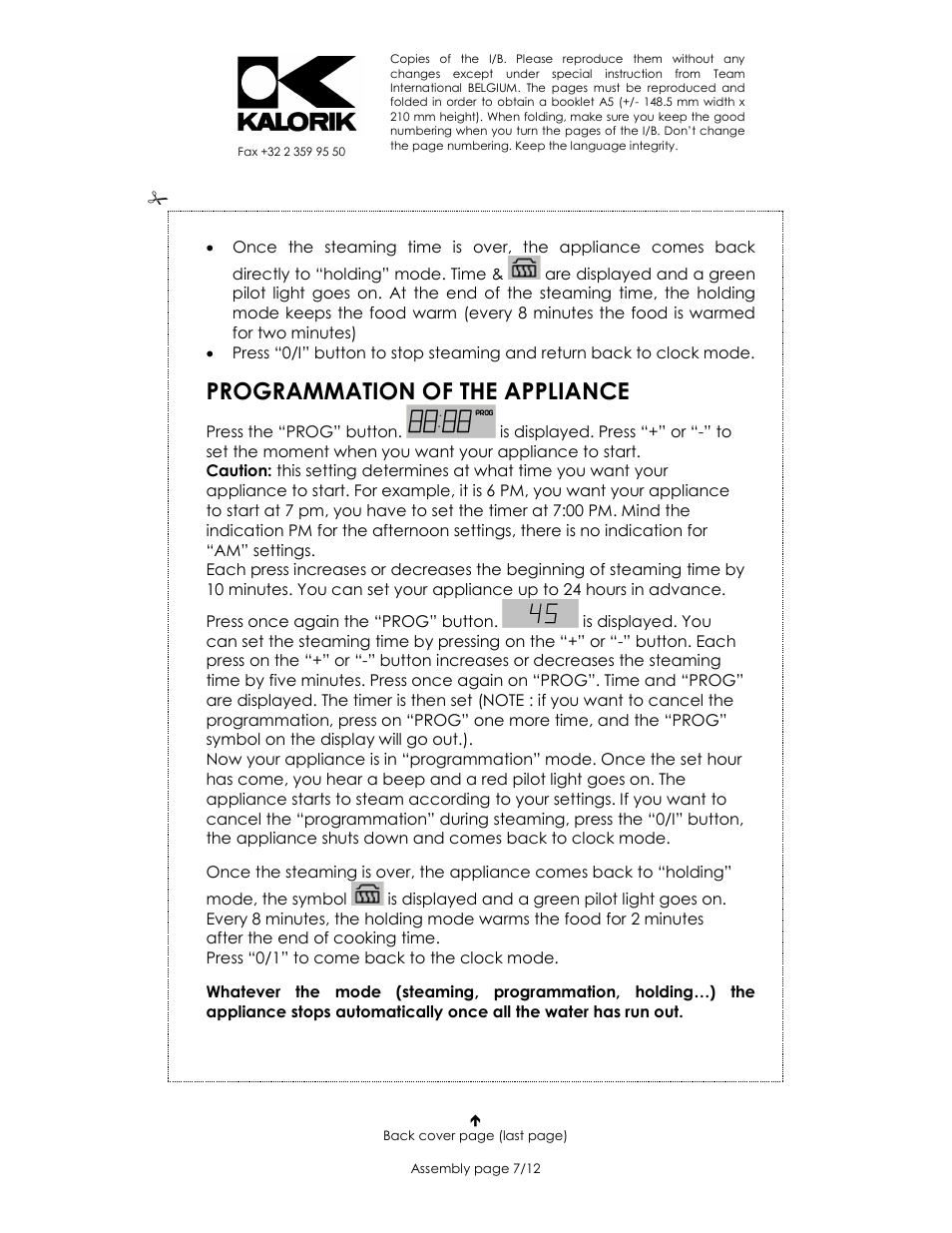 Programmation of the appliance | Kalorik USK DG 1 User Manual | Page 7 / 12