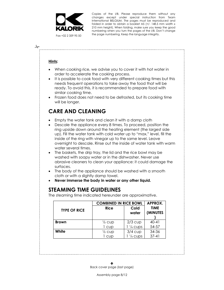 Care and cleaning, Steaming time guidelines | Kalorik USK DG 1 User Manual | Page 8 / 12