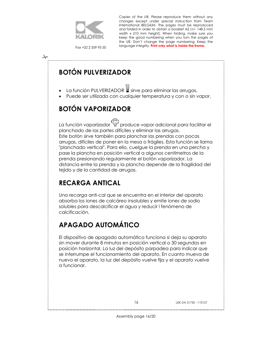 Botón pulverizador, Botón vaporizador, Recarga antical | Apagado automático | Kalorik USK DA 31750 User Manual | Page 16 / 20