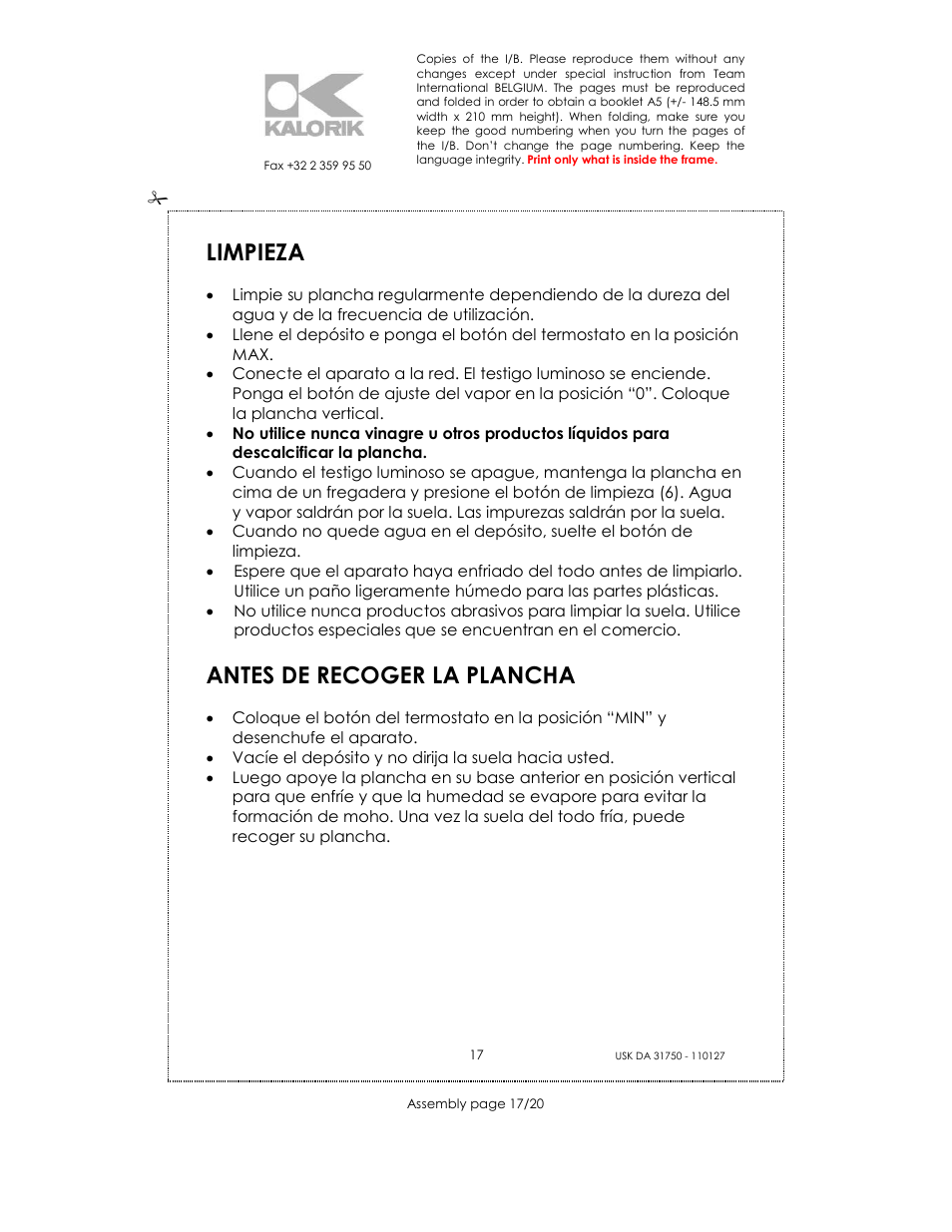 Limpieza, Antes de recoger la plancha | Kalorik USK DA 31750 User Manual | Page 17 / 20