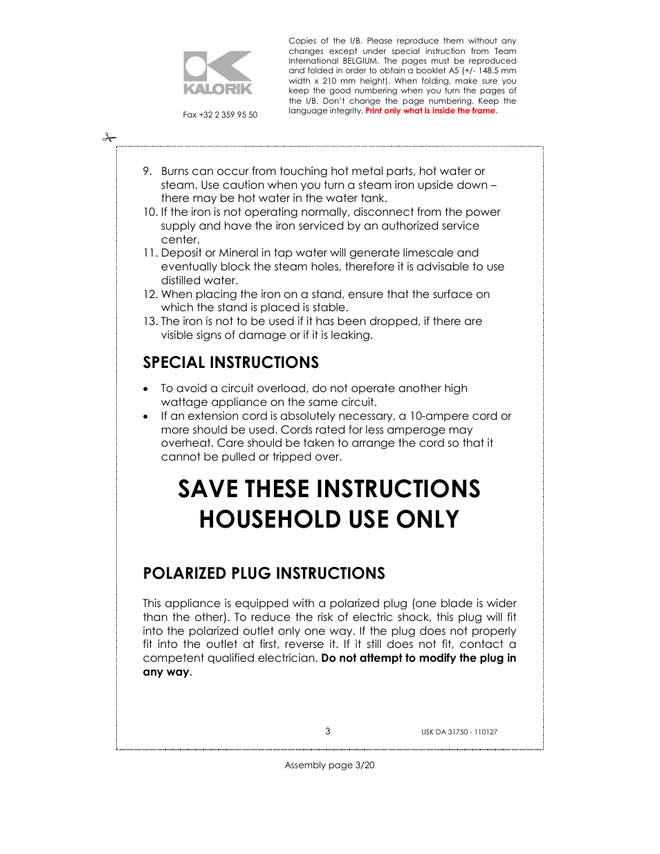 Save these instructions household use only, Special instructions, Polarized plug instructions | Kalorik USK DA 31750 User Manual | Page 3 / 20